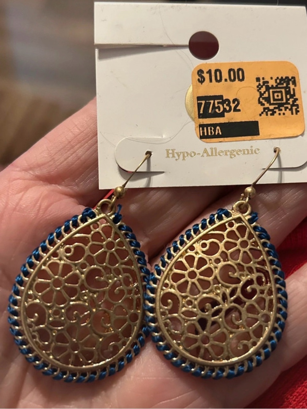 Gold Filigree Teardrop Earrings with Blue Trim